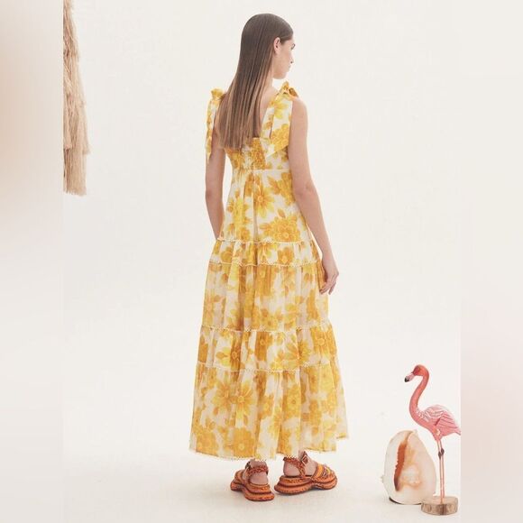 NEW Alemais Sonny Tiered Linen Midi Dress Size 6 (US) Lemon Yellow Floral - Picture 5 of 8